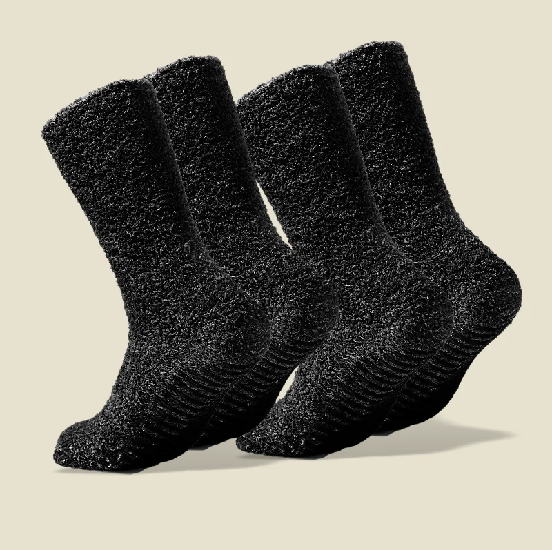 Dark Grey Fuzzy Socks with Grips for Women x2 Pairs