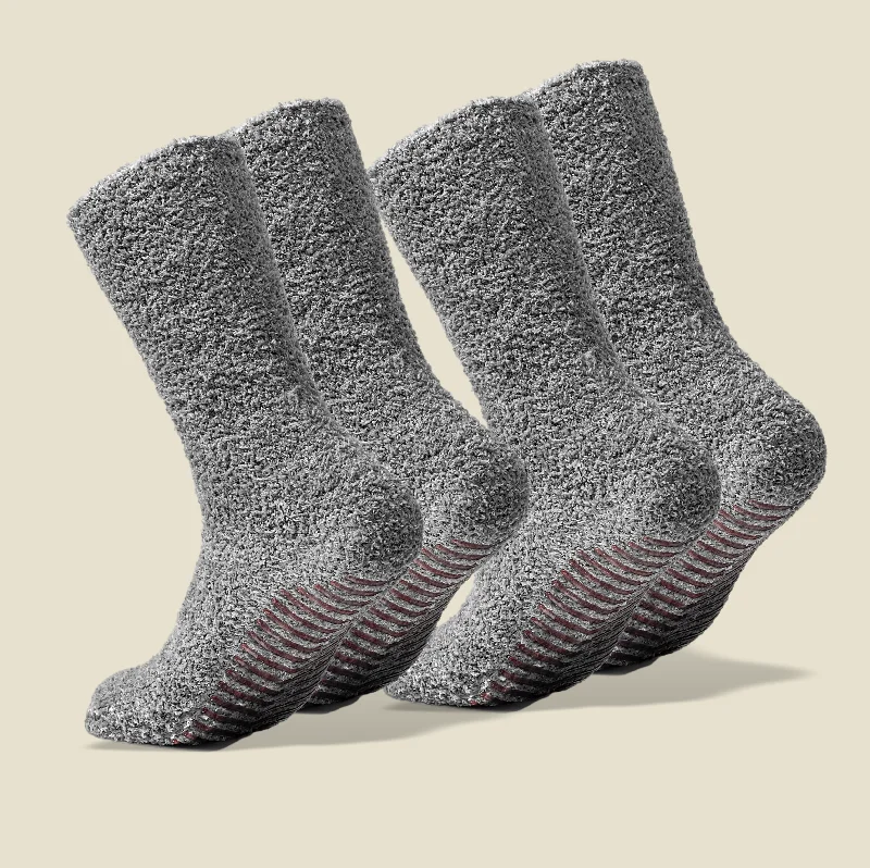 Light Grey Fuzzy Socks with Grips for Women x2 Pairs