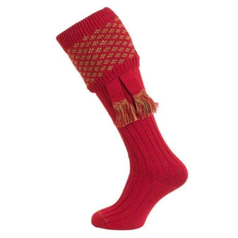 William Powell Boughton Mens Merino Shooting Socks with Garters - Brick Red/Moss