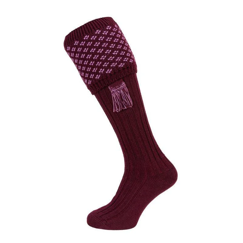 William Powell Boughton Mens Merino Shooting Socks with Garters - Mulberry/Lilac