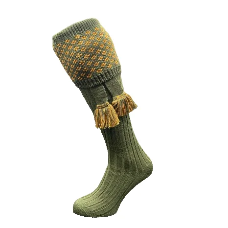 William Powell Boughton Mens Merino Shooting Socks with Garters - Spruce/Ochre