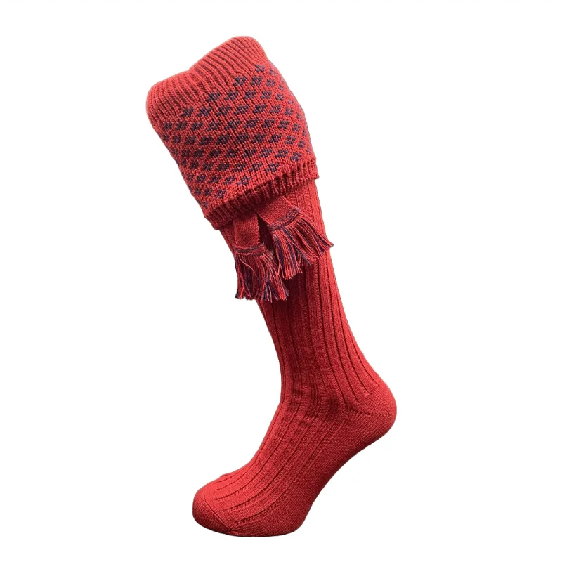 William Powell Boughton Mens Merino Shooting Socks with Garters - Brick Red/Navy