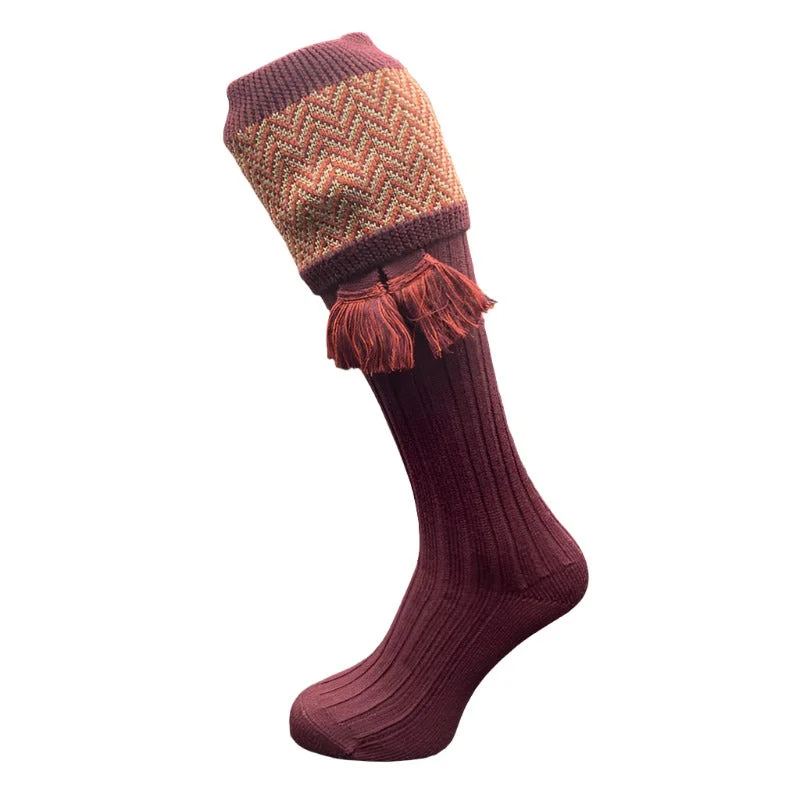 William Powell Herringbone Mens Merino Mix Shooting Socks with Garters  - Mulberry