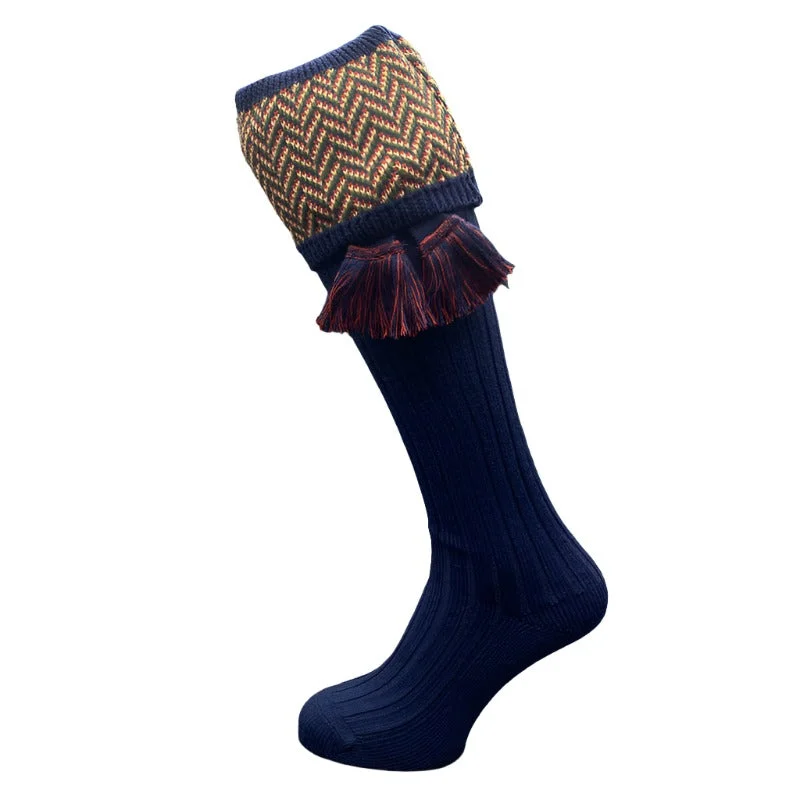 William Powell Herringbone Mens Merino Mix Shooting Socks with Garters  - Navy