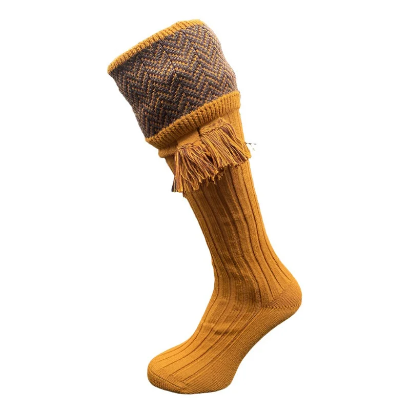 William Powell Herringbone Mens Merino Mix Shooting Socks with Garters  - Ochre