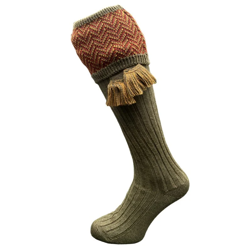 William Powell Herringbone Mens Merino Shooting Socks with Garters  - Bracken