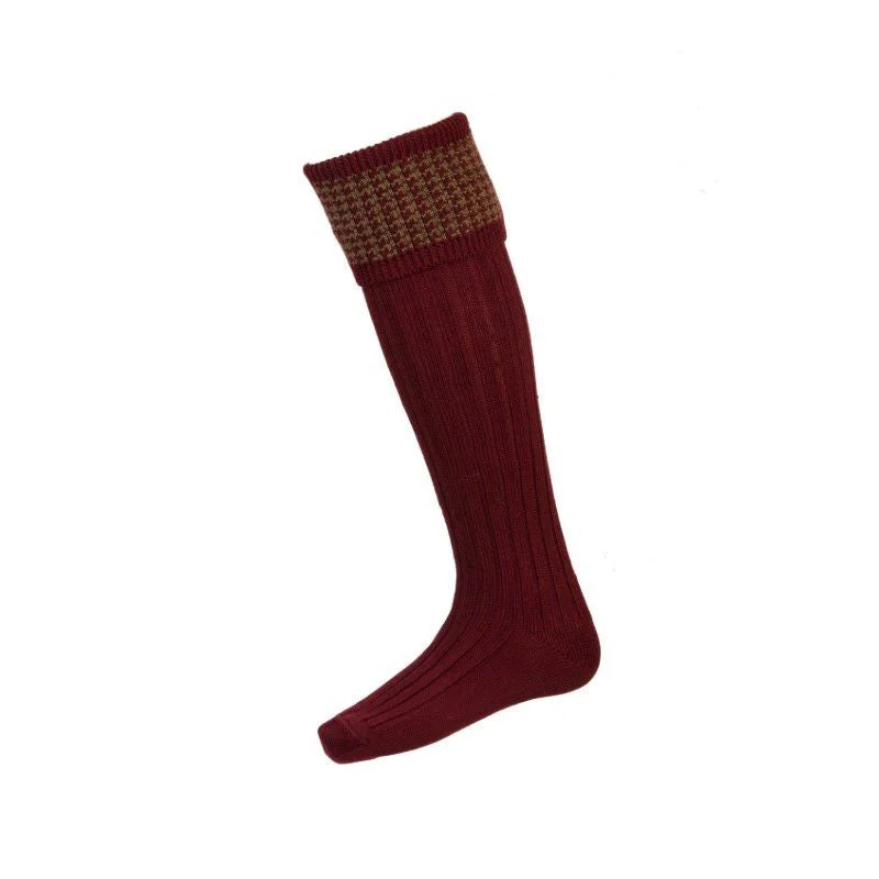 William Powell Houndstooth Mens Merino Shooting Socks - Burgundy