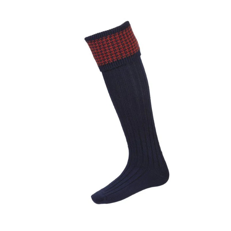 William Powell Houndstooth Mens Merino Shooting Socks - Navy