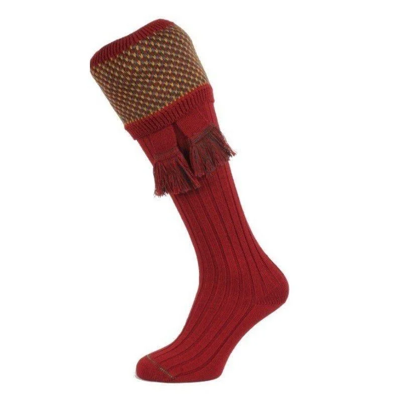 William Powell Tayside Mens Merino Shooting Socks with Garters - Brick Red