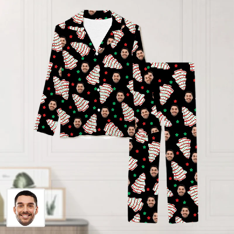 Custom Christmas Tree Cakes Pajama Set Long Sleeve Buttons Lapel Top & Elastic Pants Women's Sleepwear For Fall