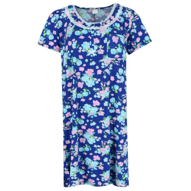 Elegant Emily Women's Plus Size Floral Henley Short Sleeve Sleep Gown