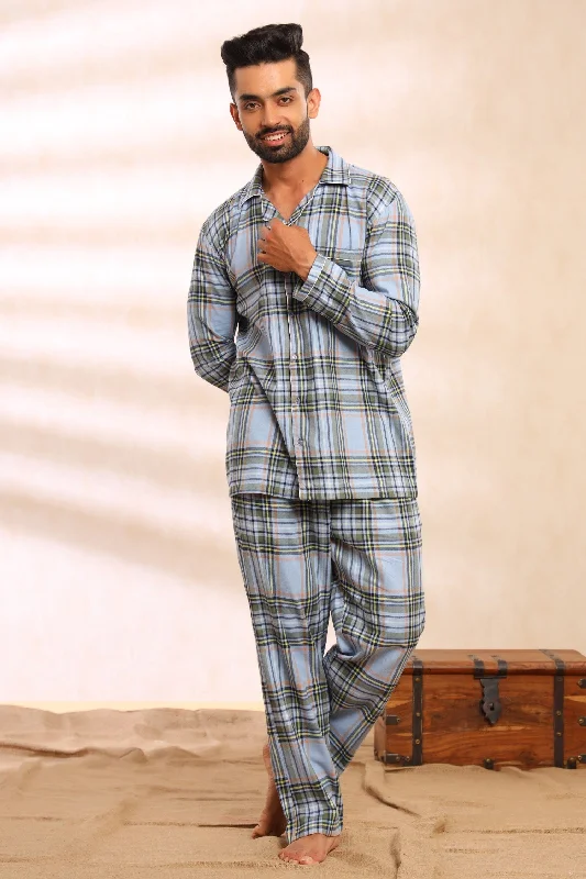 Light Blue Checks Pajama Set for Men