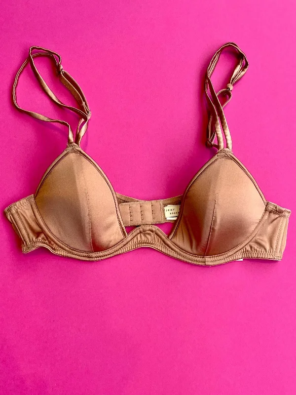 Fleur du Mal: Silk Satin Luxe Plunge Bra - Tan