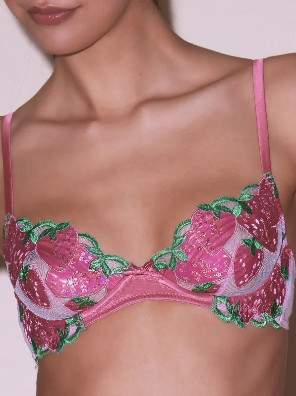 Fleur du Mal: Strawberry Embroidery Denim Bra - Pink