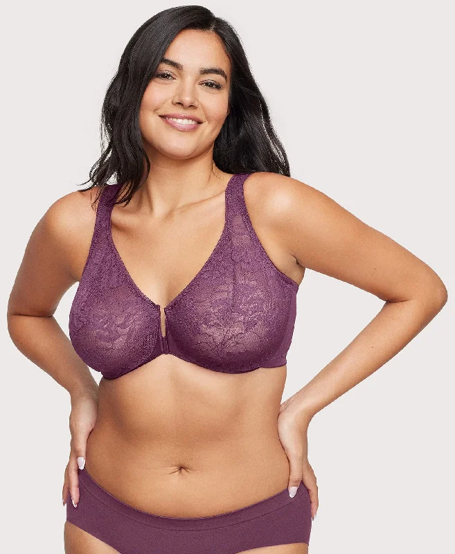 Front-Closure Lacey T-Back WonderWire Bra Black Plum