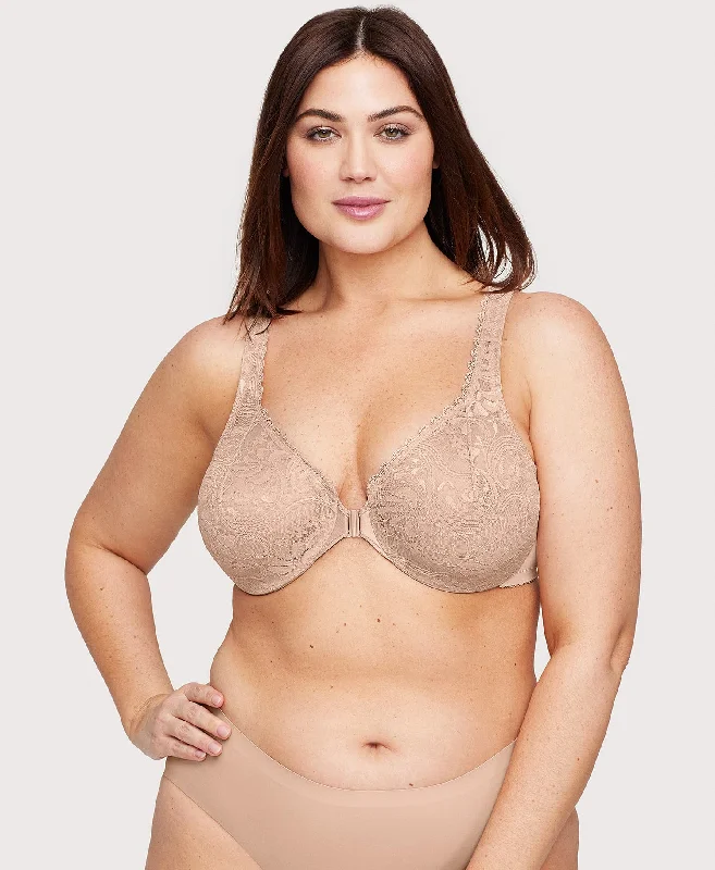 Front-Closure Stretch Lace WonderWire Bra Cafe