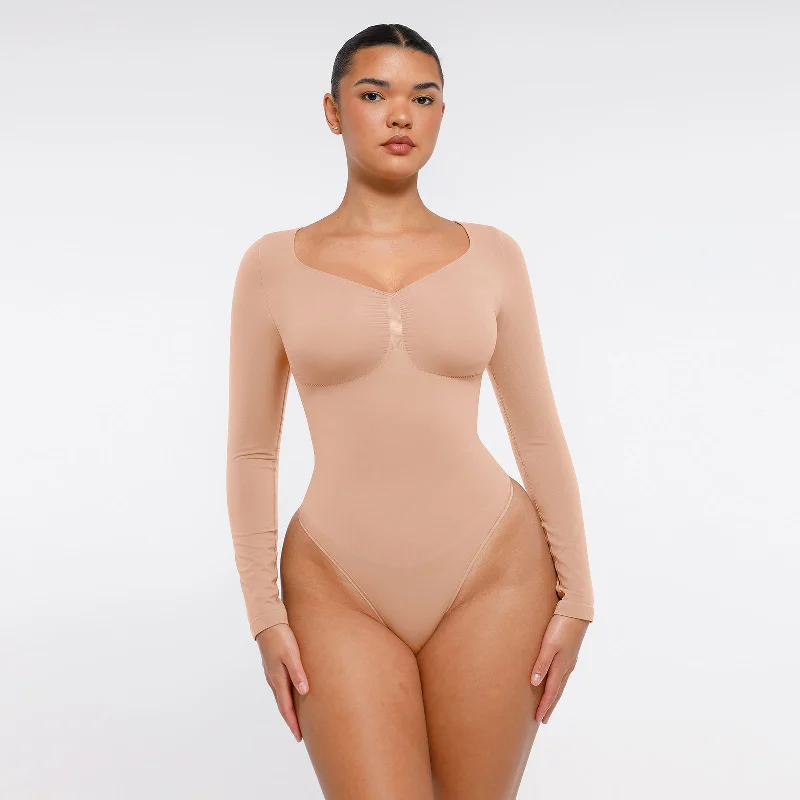 Marcella - Seamless Long Sleeve Thong Bodysuit with Chest Support & Tummy Control