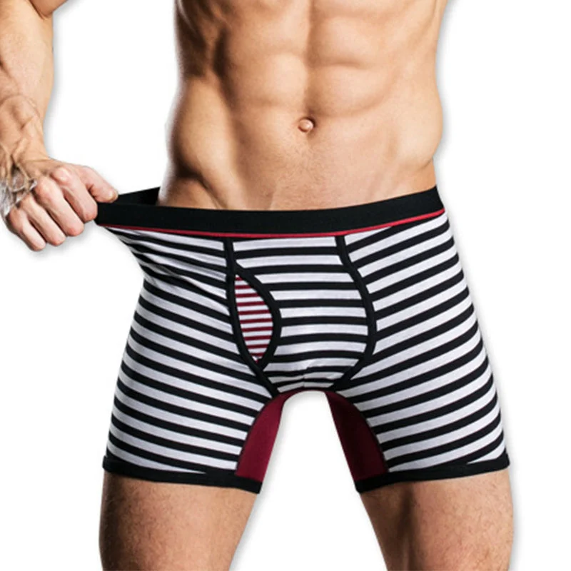 Men's Fly Front with Pouch Striped Cotton Boxer Briefs