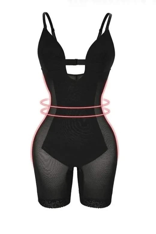 Plunging Front Low Back One Piece Shapewear - Mid Thigh